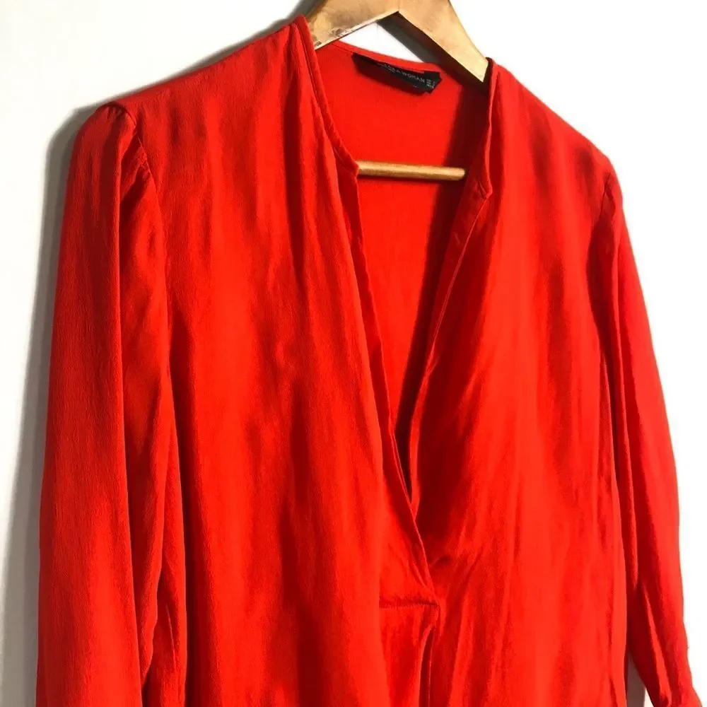 ZARA Red Orange 3/4 Sleeve V-neck Work Dressy Draped Blouse